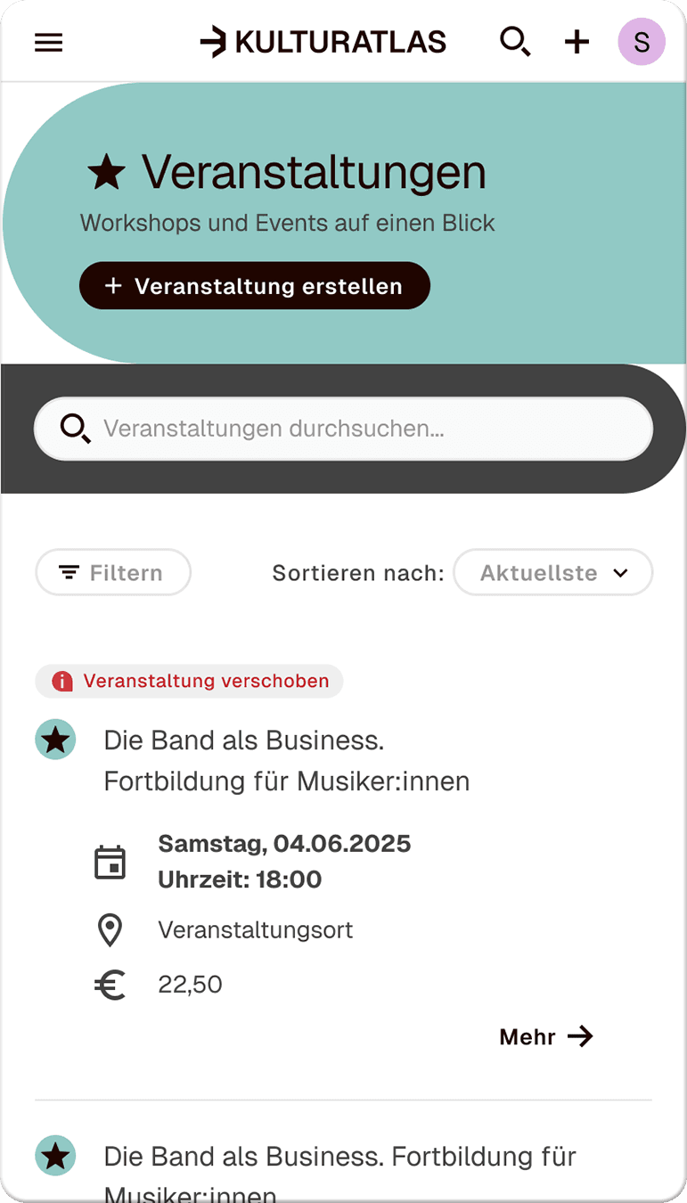 Screen des Event-Radars, in dem man Workshops, Fortbildungen und Support für Kulturschaffende findet.