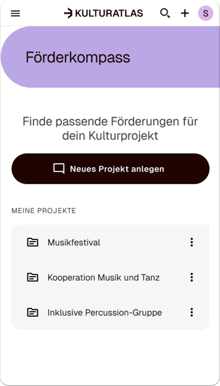 Ein Screenshot der Kulturatlas Webseite mit einer Übersicht von Förderkompass.